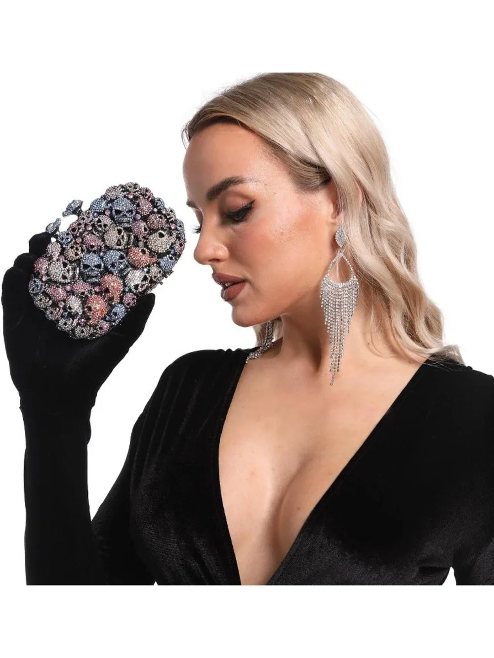 Women's Black Crystal Skull Clutch Purse Rhinestone Evening Halloween Bag